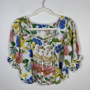 Laura Ashley Floral Blouse Women's S Top Puff Sleeve Square Neck Boho Cottage